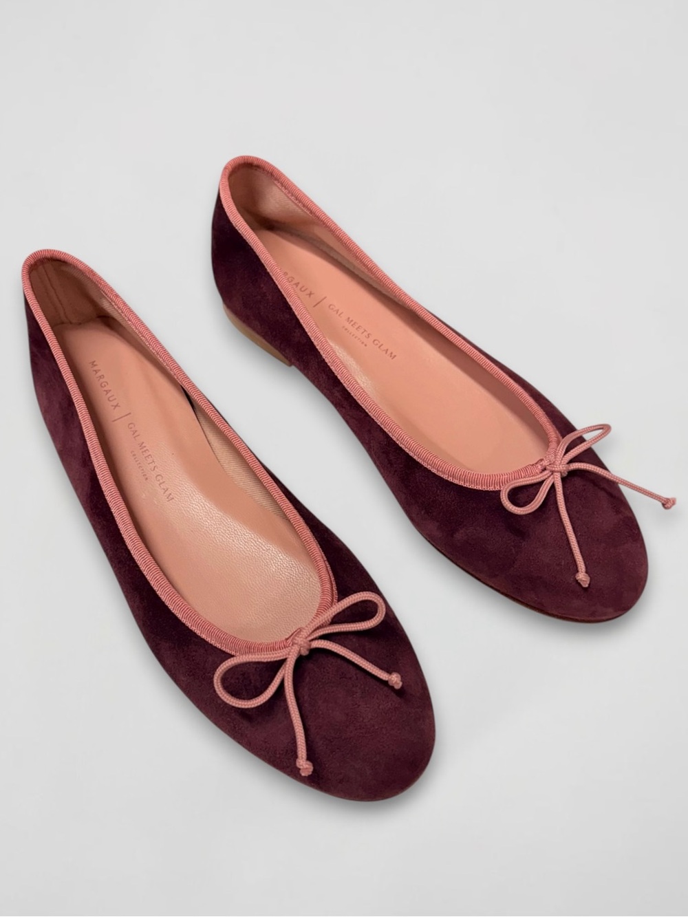 New Margaux x Gal Meets Glam Suede Bow Ballet Flats Pink Burgundy